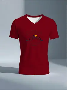 Men's V-neck short-sleeve 3D digital print, sporty casual style, suitable for street and outdoor wear, fashionable casual print design, the best gift choice for men