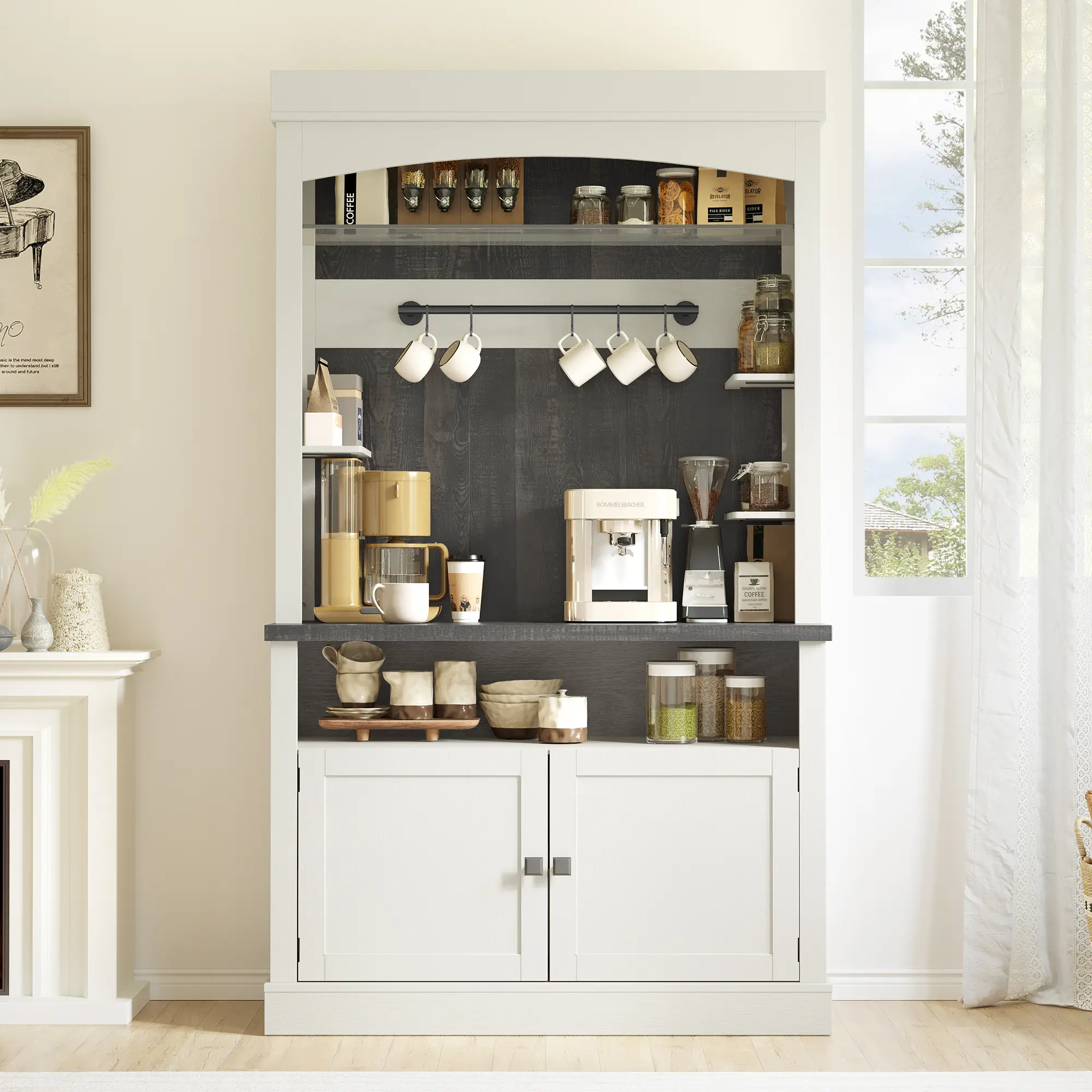 OP-Farmhouse Coffee Bar & Buffet Hutch – 72" Tall LED Lighted Kitchen Sideboard with Microwave Stand, Wine Rack & Glass Shelf for Dining Room