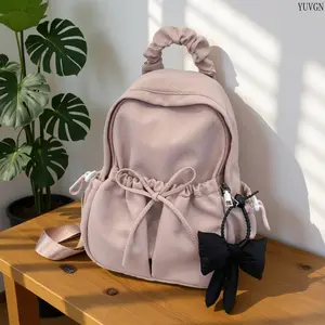 Korean INS Tie-Dye Gradient Pleated Mini Backpack with Bow & Pendant, Lightweight Nylon Small Bag for Girls, Students & Daily Commute
