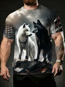 men's short sleeve T-shirt White Wolf Black Wolf Urban Skyline Spring and Summer 3D printing sports and leisure art T-shirt fitness versatile casual sports Athletic Workout Clothing