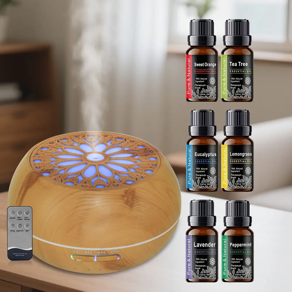550ml Hollow Flower Wood Grain Essential Oil Diffuser with Remote Control, Timer & 7 Color LED Night Light, Ultrasonic Quiet Cool Mist Humidifier Aromatherapy Set with 6 Pcs Natural Essential Oils for Home Bedroom Gift custom well sohochic