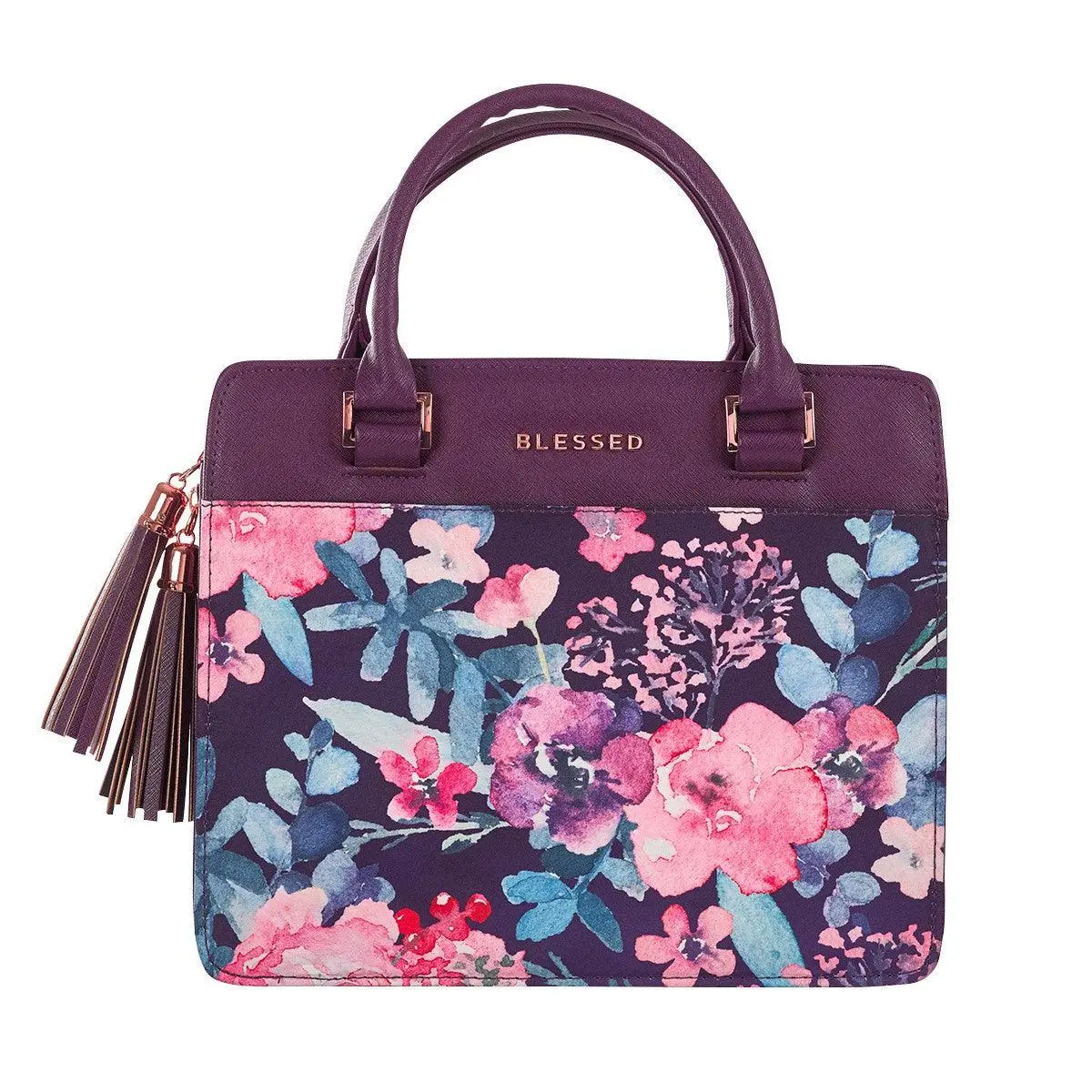Women's Large Blessed Purple Floral Faux Leather Purse-Style Bible Cover with Tassels, Metal Studs