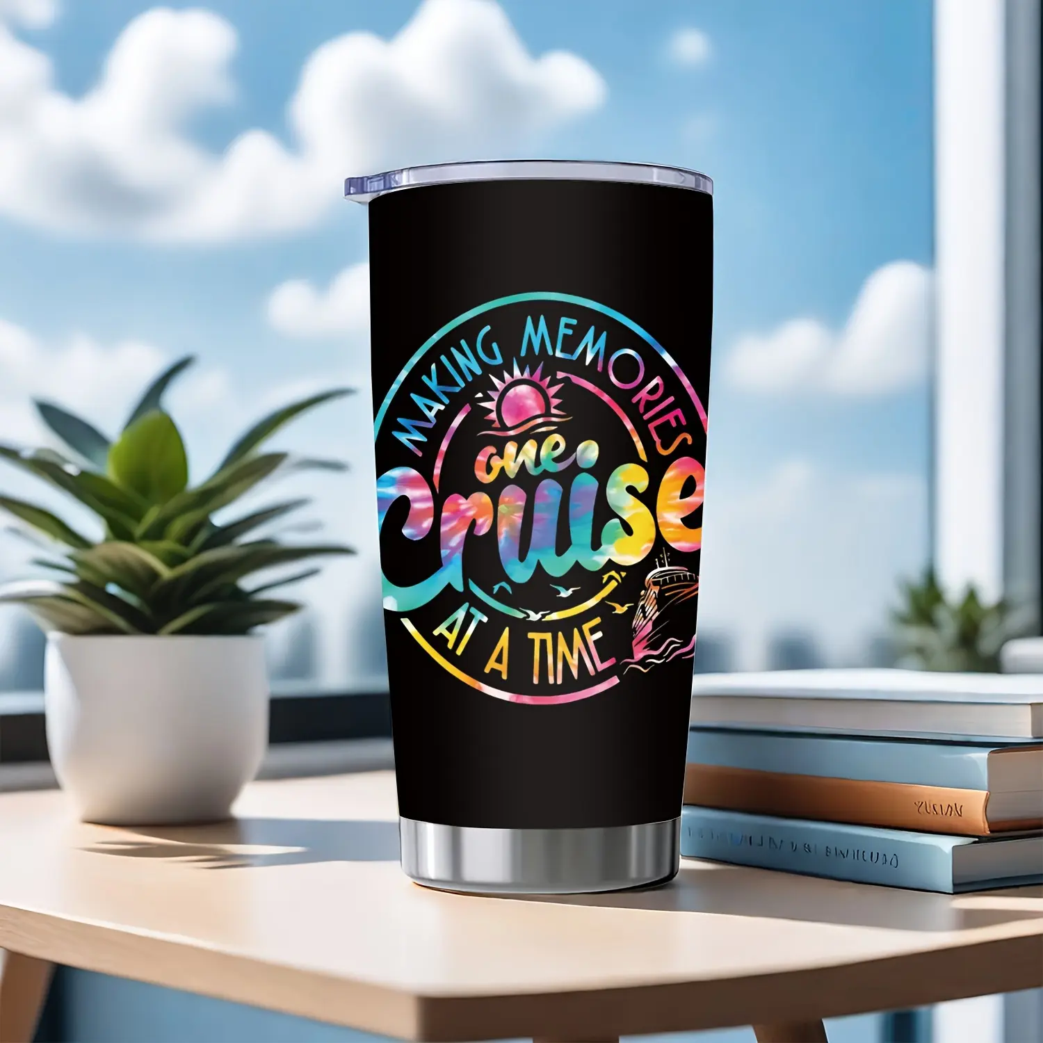 20-oz 304 Stainless Steel Insulated Round Tumbler - Leak-Proof Lid, Neon Print "A Beautiful Journey Step by Step" Design, Black-Bottomed Colorful Insulated Flask, 590ml Drinkware Gear, 7-12H Temp Retention, for Outdoor Travel, 7-12 Hours