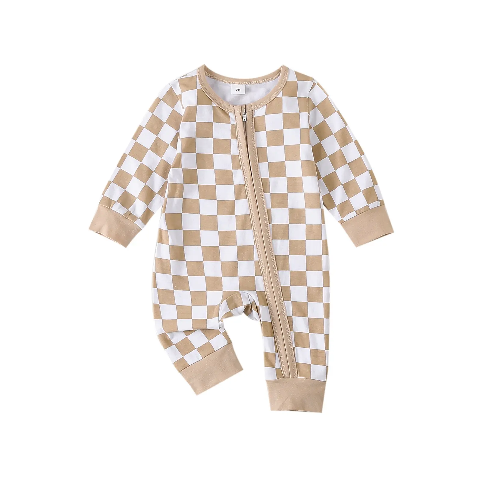 Newborn Baby Boy Girl Clothes Checkered Long Sleeve Zipper Romper Jumpsuit  Bodysuit Spring Fall Outfits 0-12M
