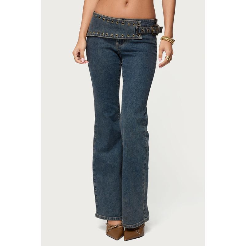 Asymmetric Grommet Belt Low Rise Flared Jeans