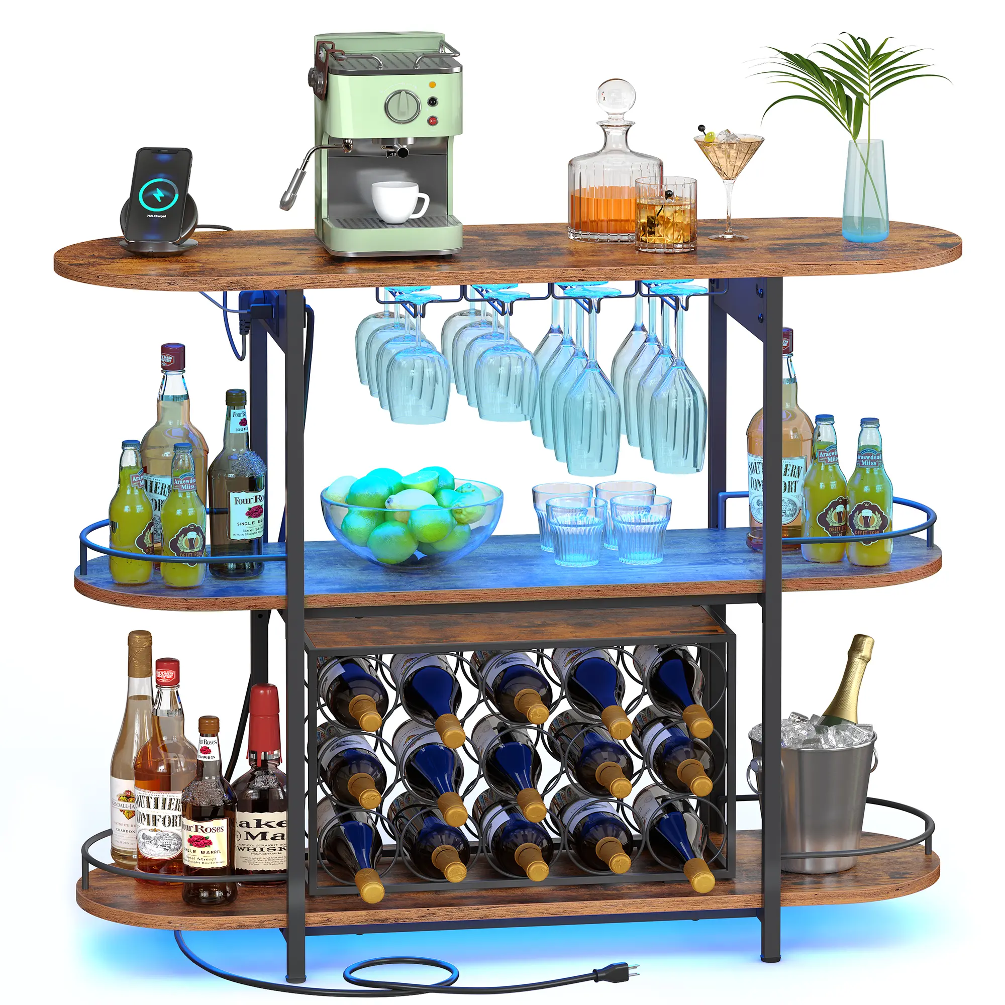 VASAGLE Bar Cabinet with LED Lights and Power Outlets, Wine Rack Coffee Bar Freestanding Wine Cabinet Glass Holder, Mini Bar for Liquor and Glasses, Kitchen, Dining Room,familyfun