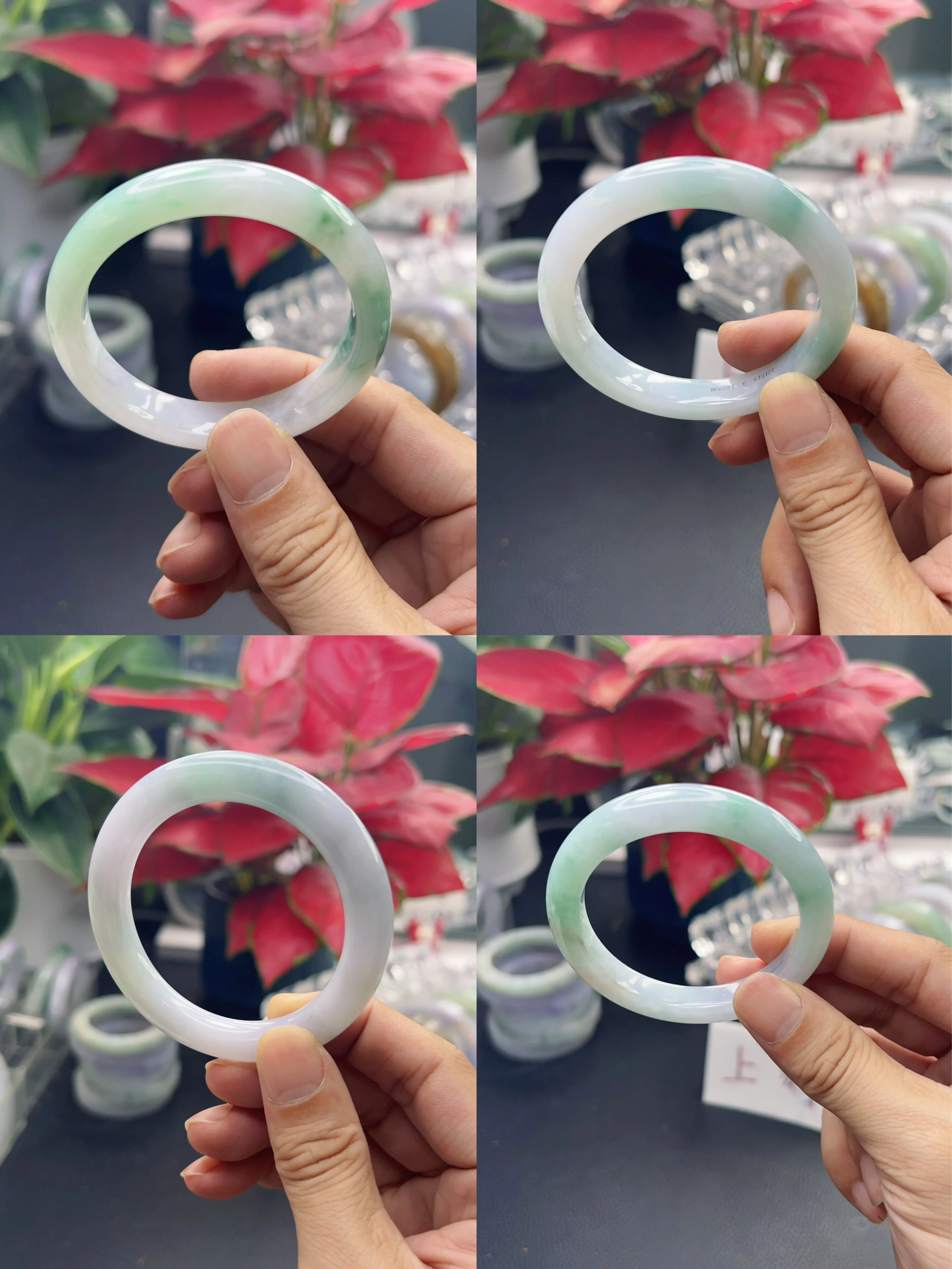 Jadeite Bracelet Display (Private photos are not valid). Natural Myanmar jadeite, Grade A, certificate included