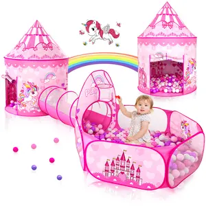 Sumbababy 3PC Princess Tent for Girls with Kids Ball Pit & Crawl Tunnel Pink Pop Up Playhouse Toys Indoor Outdoor Birthday Christmas Gifts Inflatable Bounce House