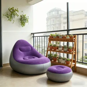 Indoor Outdoor Purple Inflatable Recliner Sofa, Foldable Lightweight Design, Soft Flocked Nylon Texture with Footrest, Ideal for Balcony Bedroom Camping Relaxation