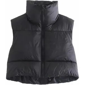 Womens Warm Retro Padded Cropped Vest Stand Collar Puffer Short Vest Sleeveless Coat