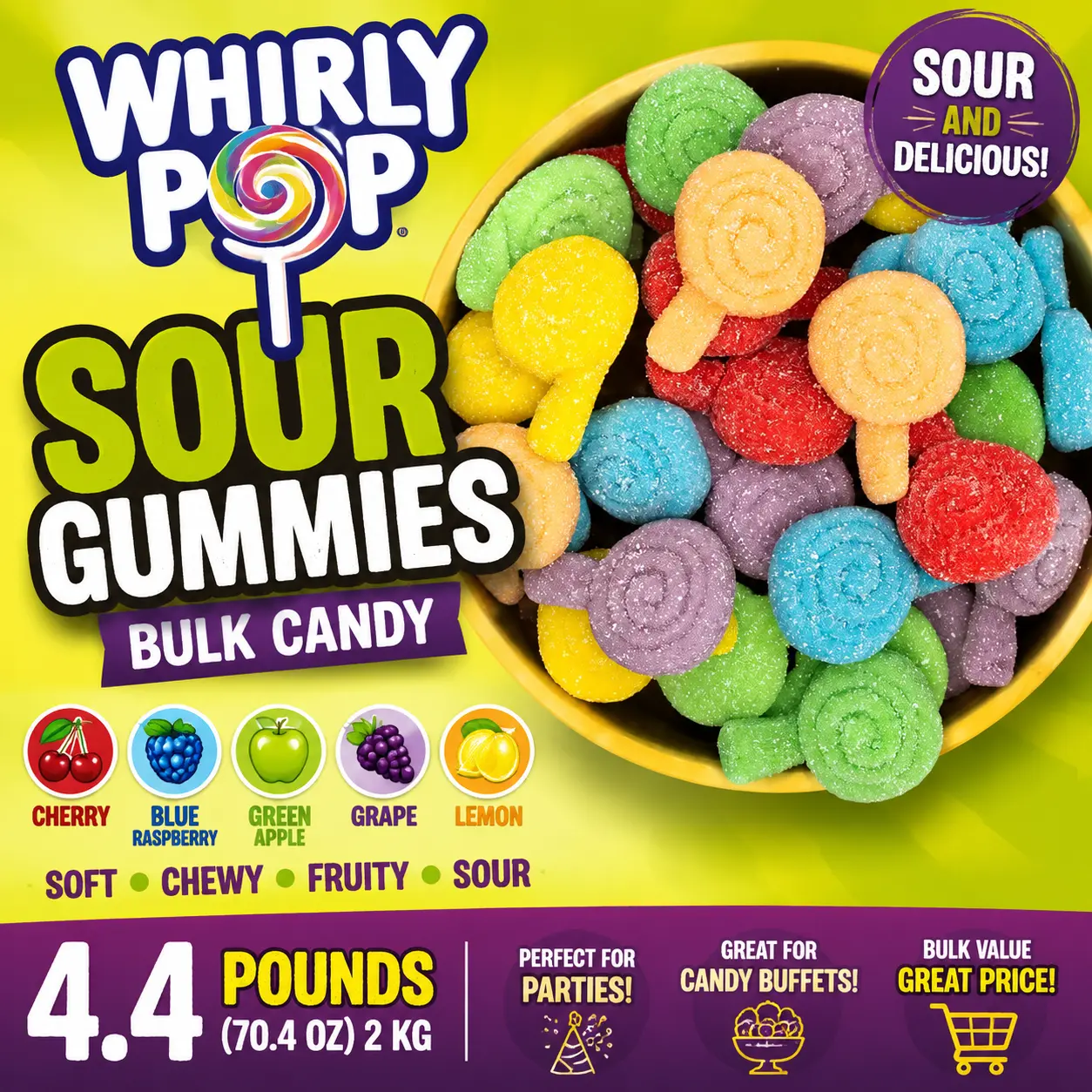 Whirly Pop Sour Gummy Candy 4.4 lb Bulk Bag  Assorted Sweet & Sour Gummies | Bulk Party Candy for Buffets & Snacking