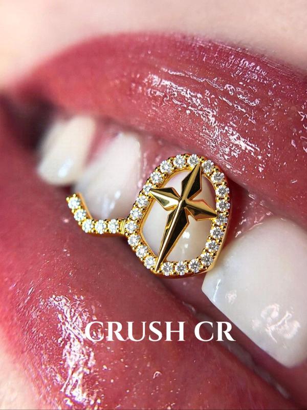 CRUSH CR 1pc 18K Gold Plated Copper Cross Star Grillz with CZ Stones, Silver & Gold Finish – Elegant Hip-Hop Tooth Jewelry Tooth Gems for Female, Black Women, Girls, Men & Boys. Perfect for Parties, Halloween, Cosplay & Gifts! Trendy Bling Accessory