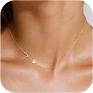 Dainty Gold Initial Necklaces for Women,14k Gold Plated Sideways Letter Necklace Personalized A-Z Name Heart Choker Necklace Tiny Cute Monogram Necklace Jewelry Gift