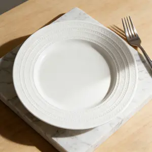 Ceramic Dinner Plates Set of 4, 8 Inch Round White Plates, Embossed Rim Porcelain Salad & Dessert Plates, Classic Elegant Tableware for Home & Restaurant