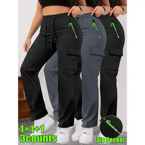 3-Pack Casual Cargo Pants with Multiple Pockets & Adjustable Drawstring Waist - Non-Stretch Fabric, Machine Washable, All-Season Outdoor & Casual Attire (Black, Gray, Blue, Green), Versatile Clothing, Functional Design, Quality Stitching, Utility Trousers