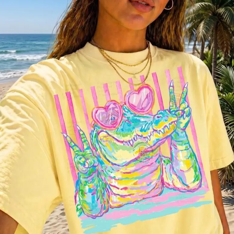Women's Cotton Knit Round Neck Short-Sleeve Casual Foldable Preppy Graphic T-Shirt - Crocodile & Heart Sunglasses Alligator Design for Summer, Shortsleeve, Machine Wash