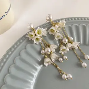 Fashion Pearl Orchid Flower Earrings Korean Temperament Long Tassel Earrings Design Sense Sweet New Earrings