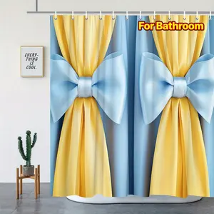 2D Flat 1Pc Blue and Yellow Ribbon Bow Shower Curtain - Soft polyester fiber, elegant design, comes with 12 hooks, 70.8x 70.8inch , perfect stylish bathroom decoration, shower curtain