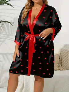 Heart Satin Long Sleepwear, Sexy Elegant Comfortable Lounge Robe, Wide Gift Holiday Belt, Home Wear Bathrobe