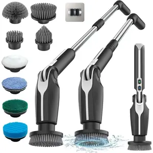Electric Spin Scrubber, Shower Scrubber with 4 Adjustable Angles and 8 Brush Heads, Electric Scrubber with Long Handle & Remote Controller, Cleaning Brush for Bathroom, Tub, Floor (Black)