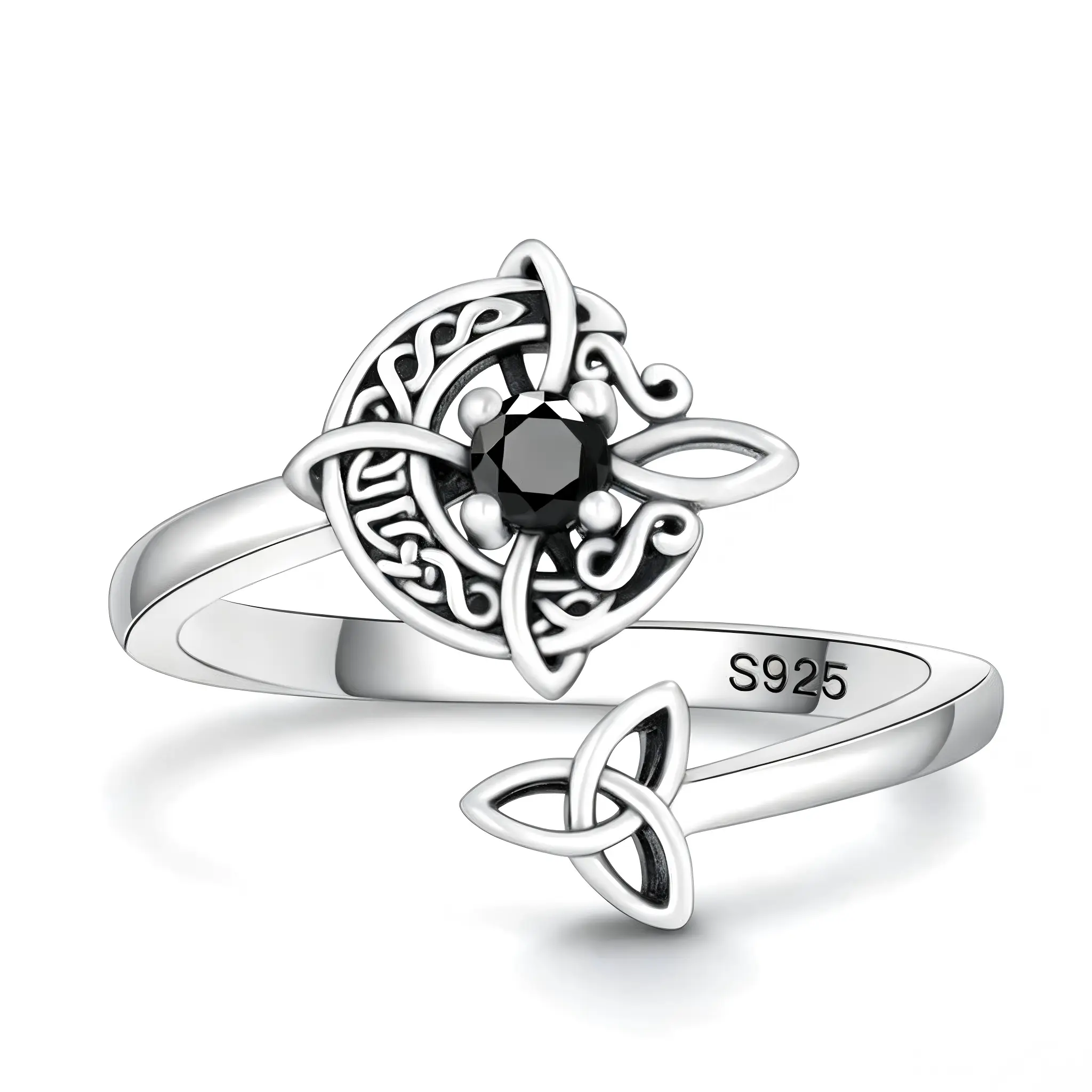 Witch Knot Ring in 925 Sterling Silver for Women, Goth Crescent Moon Design with a Black Diamond Accent, Adjustable and Tarnish Resistant, Accessories For Women
