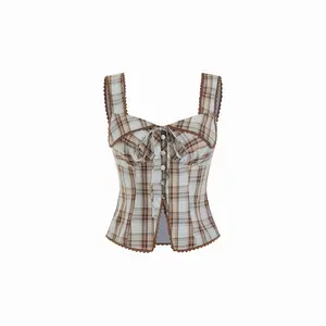 Cider Plaid Square Neck Knotted Crop Top SummerWins Dealsforyou