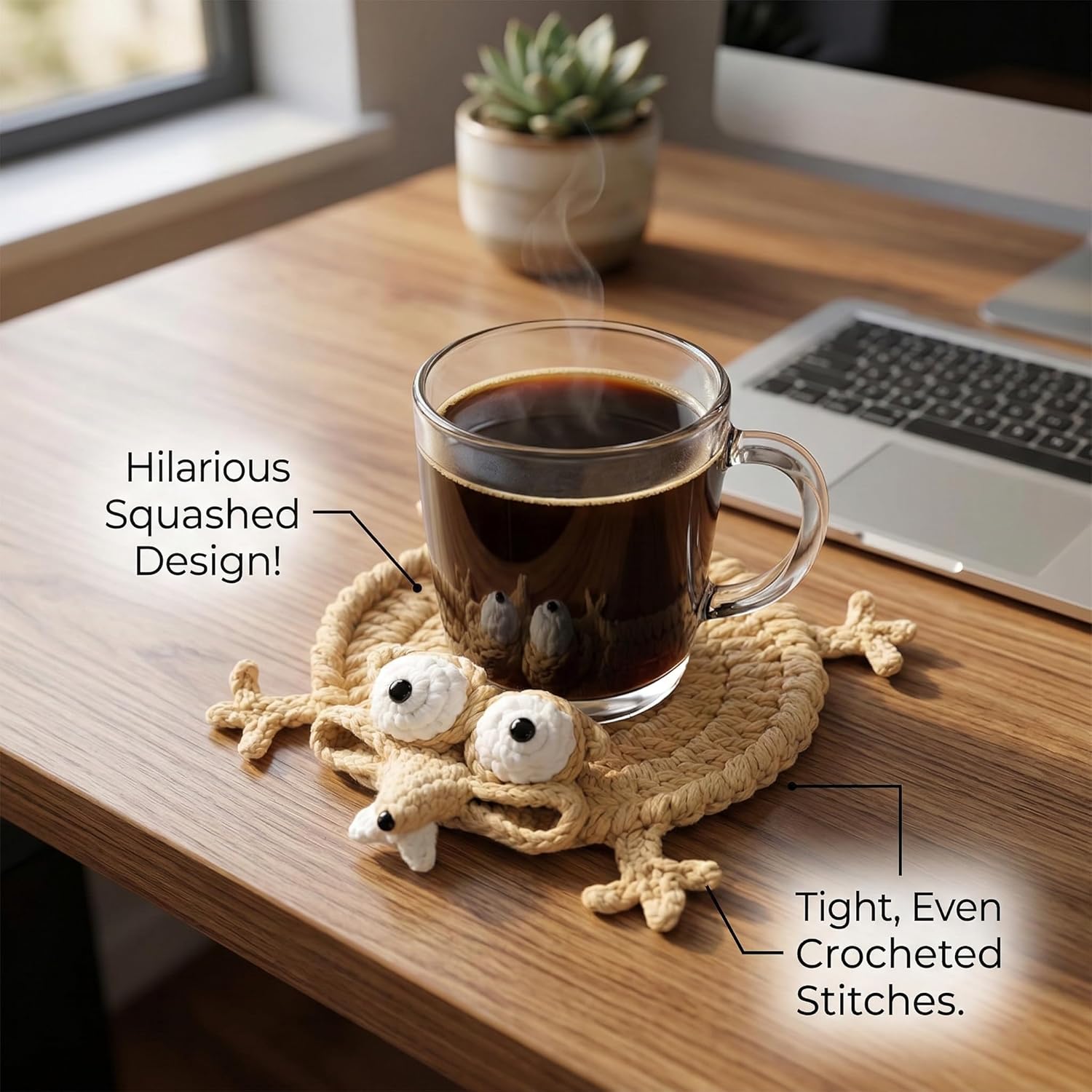 Funny Squirrel Coaster - Hand-Crocheted 3D Animal Mug Rug, Cute Knitted Drink Mat for Home or Office, Unique Coffee Lover Gift, Whimsical Desk Accessory