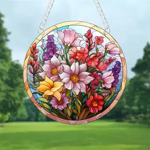 Floral Stained Window Hanging Round Acrylic Panel Garden Flowers Wall Art Decor for Indoor Outdoor Kitchen Bedroom, Gifts for Women Mom Grandma Teacher