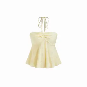 Cider  Halter Neck Shirred Lace Ruched Drawstring Crop Top