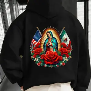 Virgen De Guadalupe Hoodie, USA Mexico Flag Faith Hoodie, Religious Catholic Pullover, Guadalupe Rose Graphic Hoodie Gift for Men & Women