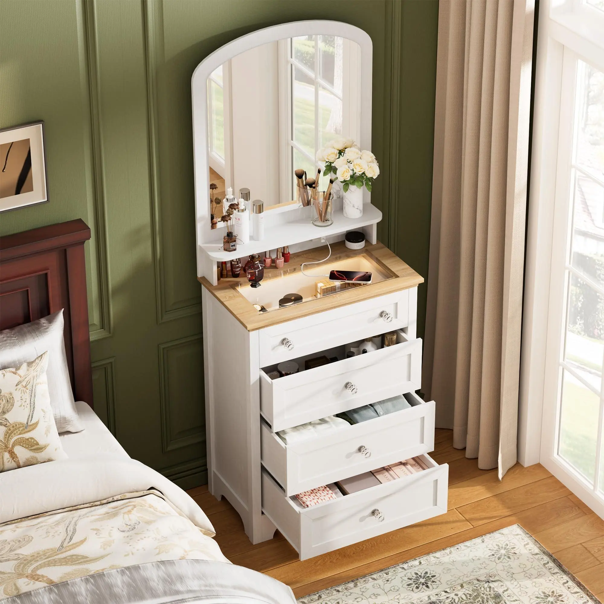 Garvee Compact White 4-Drawer Dresser Vanity with Mirror, Built-in Charging Station and LED Light Strip, Space-Saving Makeup Storage Cabinet for Beauty Essentials, Ideal for Bedroom Living Room