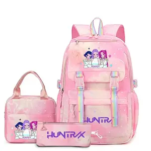 NEW KPOP   3 Piece Girls Backpack Set, Pink Star Cartoon Print School Bag With Lunch Box & Pencil Case