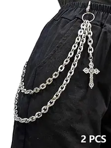 Unisex Punk Aesthetic Layered Chains Pants Chain, Silver Color Heart Cross Stud Tassel Wallet Chain, Hip Hop Pocket Chain, Gothic Touch Keychain Wallet