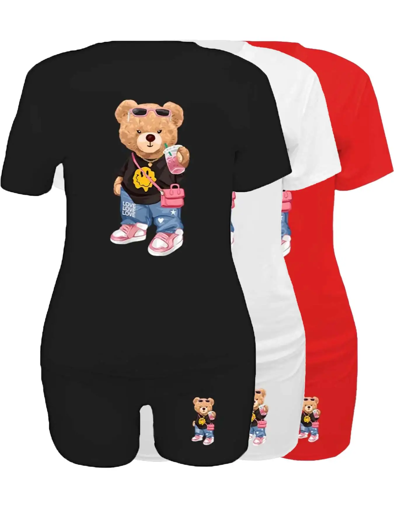 Women's 6 Counts Cartoon Bear Print Round Neck T-shirt & Skinny Shorts Set, Casual Short Sleeve Crew Neck Tee & Shorts for Daily Wear, Ladies Clothes