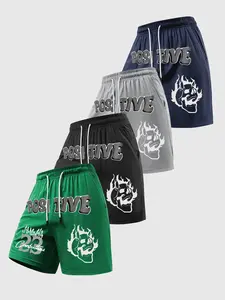 4 Piece Sport Shorts Set, Gym Training Outdoor Sports, Flame Skull Letter Graffiti Pattern, Quick-Dry Breathable Fabric, Unisex