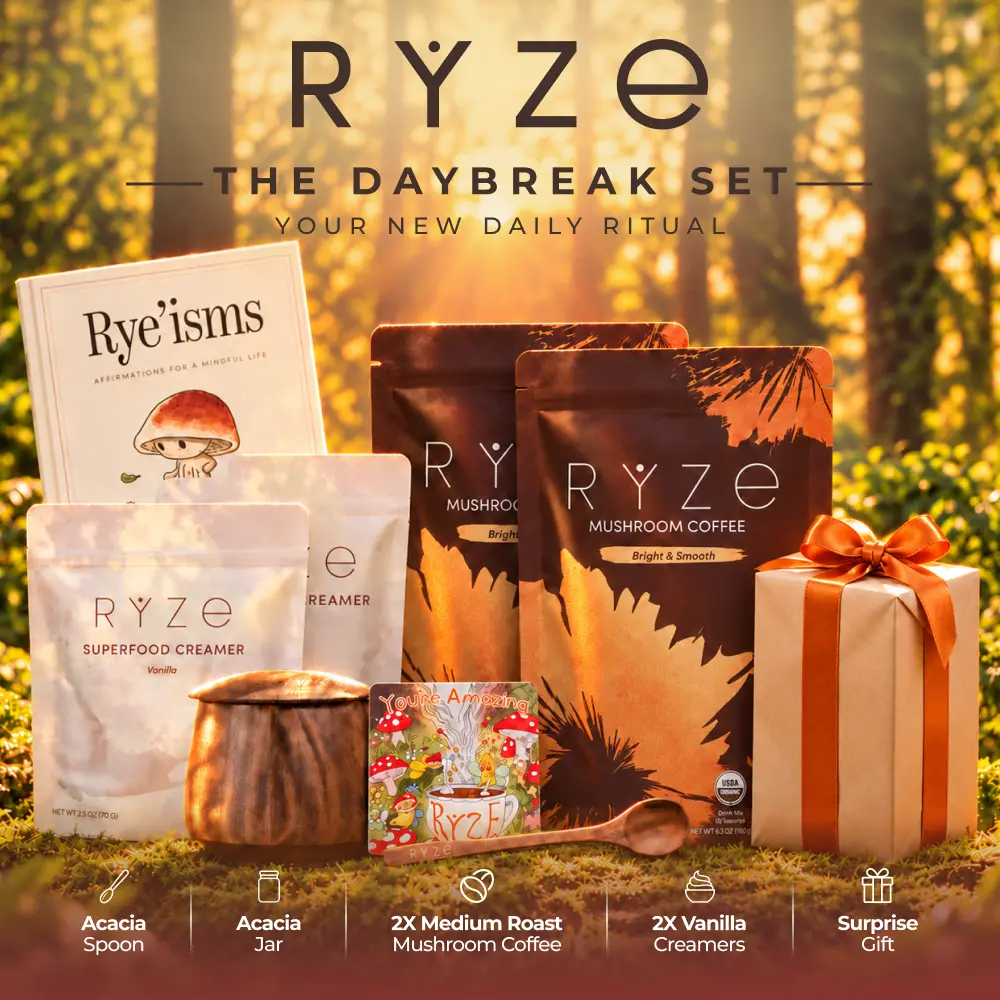RYZE The Daybreak Set Organic Mushroom Coffee Beverage Starter Kit, Including Creamer, Accessories, and a Surprise Gift