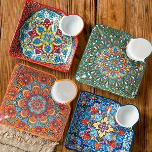 Bohemian Style Ceramic Plate, 7.5-Inch Rectangle Dish, Salad Serving Plates, High-Aesthetic Design for Dumplings & Sushi, Ideal for Breakfast & Fruit