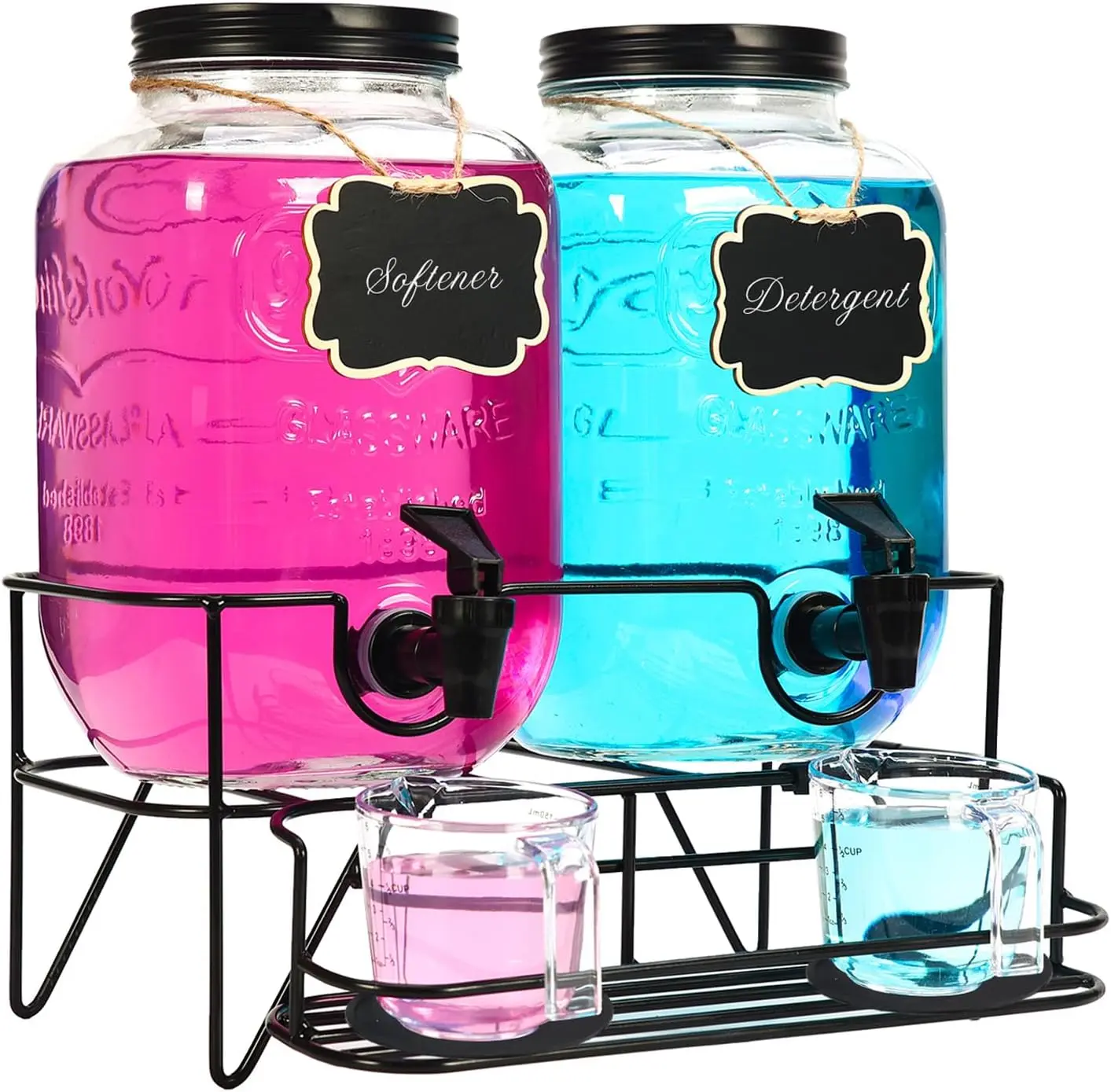 2 Sets 1 Gallon Laundry Detergent Dispenser with Stand, Measuring Cup, Glass Laundry Detergent Containr for Laundry Room Organization