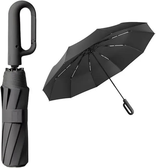 Golf Travel Folding Umbrella - 10 Ribs, Automatic Open/Close, Lightweight Compact Portable UV Umbrella with Carabiner Handle, UPF 50 99% UV Protection, for Backpack Car Outdoor Sun Rain Use