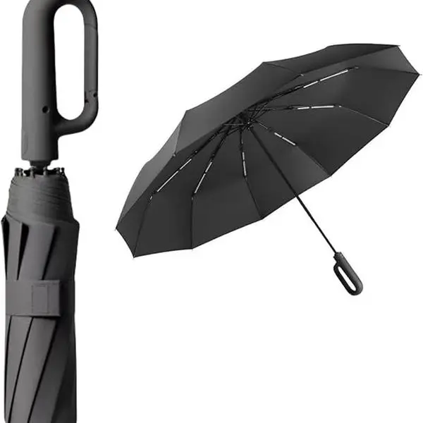 Auto-Open/Close Compact Travel Foldable Rainproof Golf Umbrella, 10-Rib Fiberglass Frame, UPF 50+ UV Shield, Lotus-Coated, 11.5-Inch Long, 42-Inch Wide, Carabiner Grip, for Golf & Business Use, Umbrellas for Rain