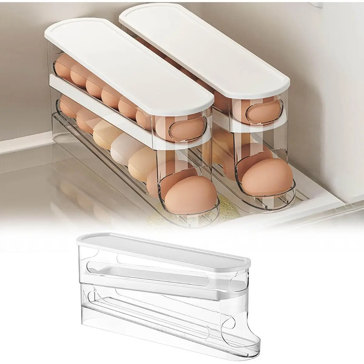 Transparent Auto-Rolling Egg Storage Box, Large Capacity 12-16 Egg Stackable Fridge Organizer, Space-Saving Flip Home Kitchen Refrigerator Accessory, Refrigerator Accessories