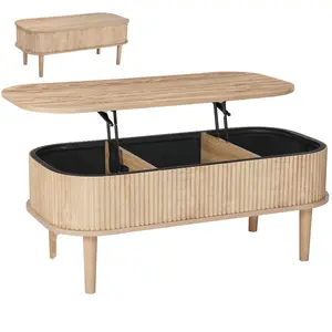 39.4 In Lift Top Coffee Table, Fluted Oval Coffee Table With 3 Hidden Compartment, Mid Century Wooden Oval Center Desk With Storage, Lift Up Tabletop For Home & Office, Easy Assembly, Burlywood