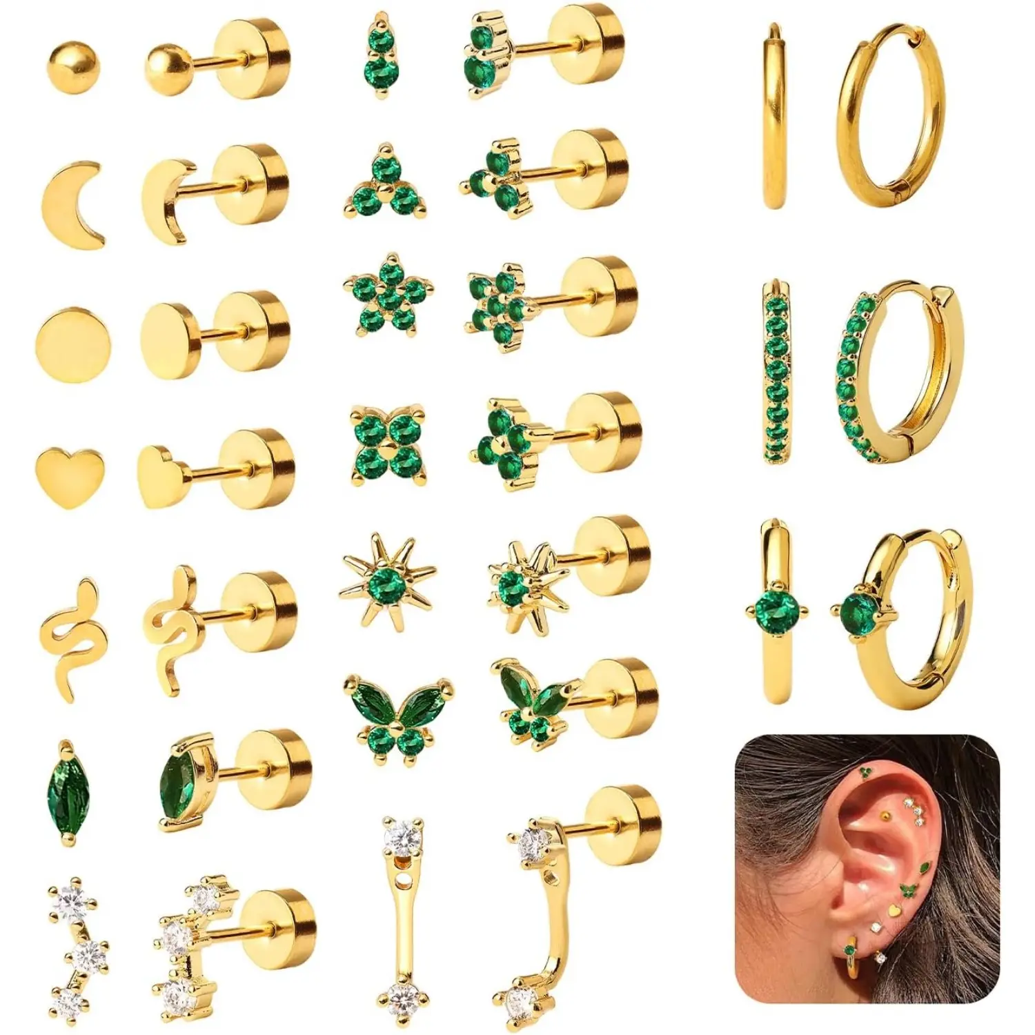 KRFY 17 Pairs 18K Gold Plated Surgical Steel Earring Set - Hypoallergenic Flat Back Studs & Small Hoops for Multiple Piercings - Nap-Safe & Tarnish-Free Jewelry for Sensitive Ears DealsForYouDays