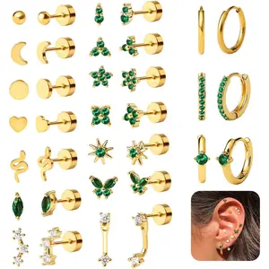 17 Pairs 18K Gold Plated Surgical Steel Earring Set - Hypoallergenic Flat Back Studs & Small Hoops for Multiple Piercings - Nap-Safe & Tarnish-Free Jewelry for Sensitive Ears