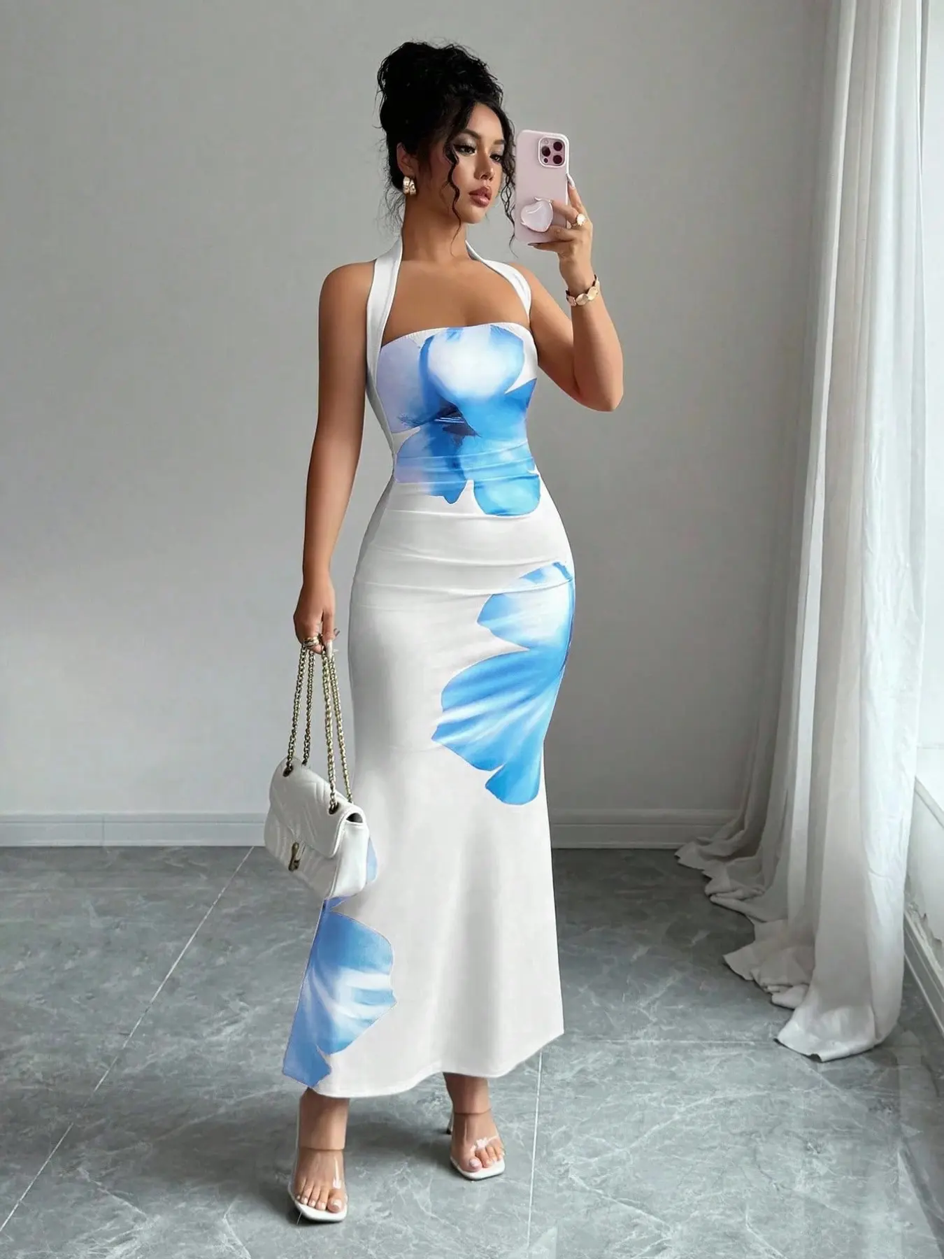 Purple & White Gradient Floral Halter Sleeveless Bodycon Midi Dress | Elegant & Romantic Aesthetic | Form-Fitting Silhouette | Versatile Party Wear | Perfect for Date Night/Events | Chic