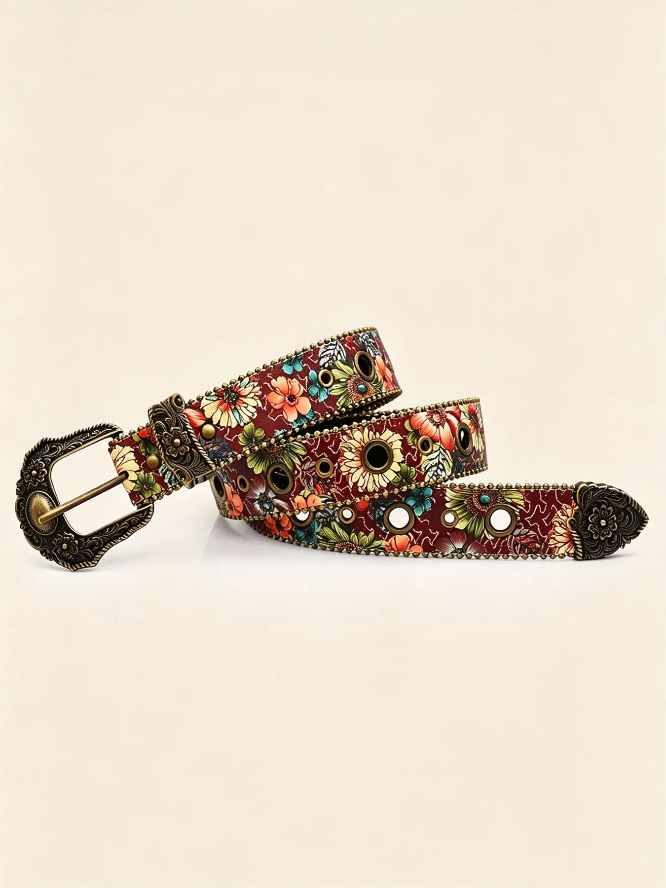 Vintage Floral Print Women's Belt, Printed Belts, Antique Brass Rivet PU , Boho Style, Perfect for Music Festivals, Daily Wear, Jeans, Dresses, Pu Leather Belts