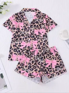 Women's Leopard Bow Printed Sleepwear Loungewear Set, Casual Holiday, Soft Shirt & Elastic Shorts, All-Season Home Wear