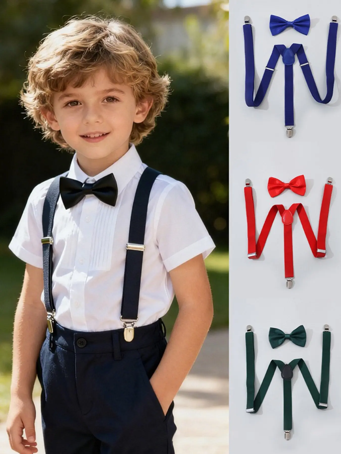 Unisex Solid Color Three-Clip Belt Set, Elastic Waistband Buckle Clip, Adjustable Bow Tie Suspender Bag, Men Women Universal Fit, Elegant Set