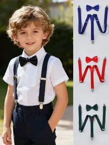 Unisex Solid Color Three-Clip Belt Set, Elastic Waistband Buckle Clip, Adjustable Bow Tie Suspender Bag, Men Women Universal Fit, Elegant Set