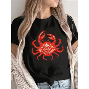 Black & Red Crab Print Short Sleeve T-Shirt - Lightweight Durable Polyester, Crab Shack Theme Uniform, Casual Beachwear or Restaurant Outfit, Fit Round Neck Blouse, Machine Washable Crabby Style Top